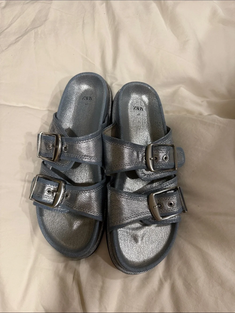 ZARA  Metallic Silver-Blue Double Buckle Slide Sandals